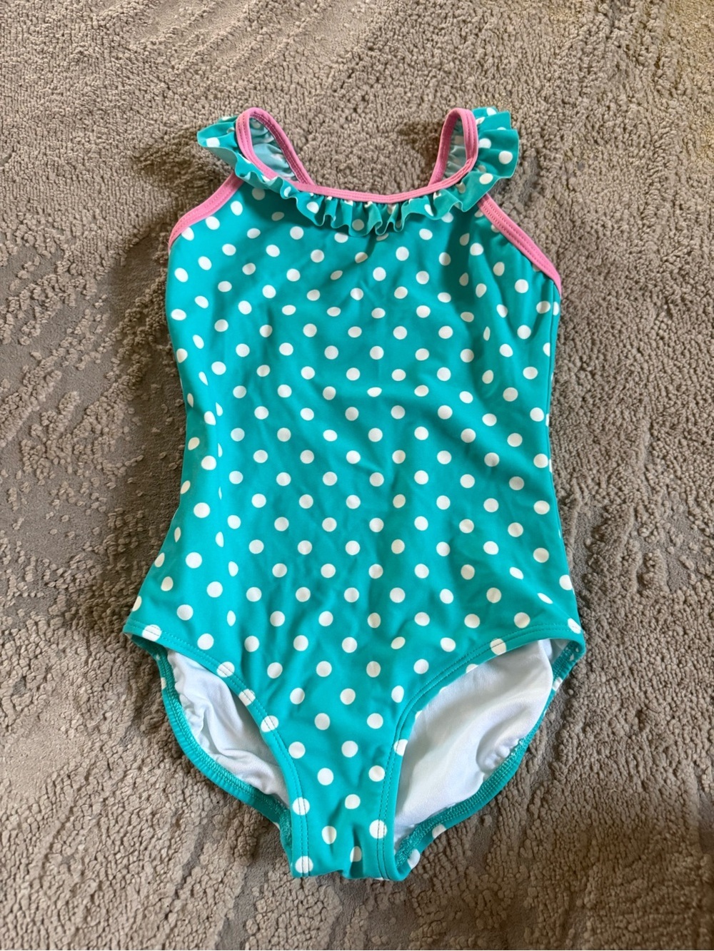 Hanna Andersson one piece swimsuit teal white polka dot ruffles bathing suit 5